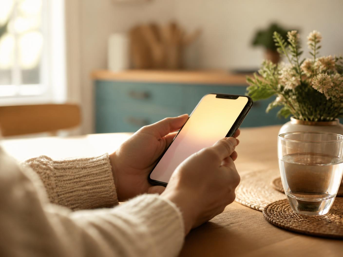 Hands holding a phone at a kitchen table in soft morning light
