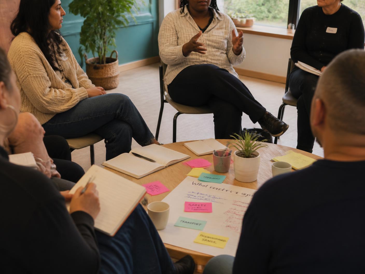 A small group in a bright community room working together around a table of notes