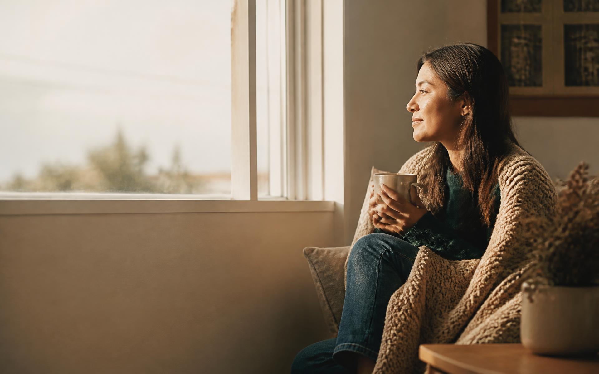 A person sitting calmly by a window in warm afternoon light, holding a mug